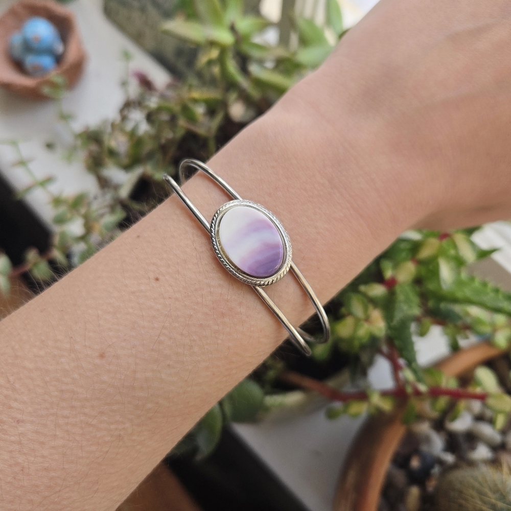 Dainty Silver Purple & White Agate Cuff Bracelet